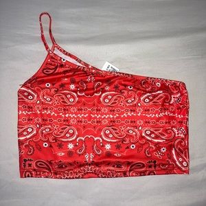 One shoulder crop top in orange paisley print size small